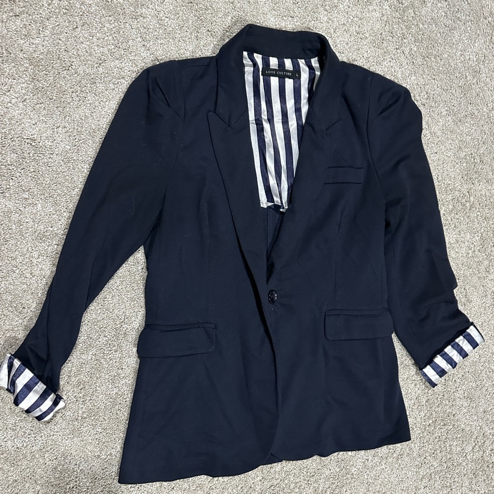Cotton navy blue 3/4 sleeve blazer